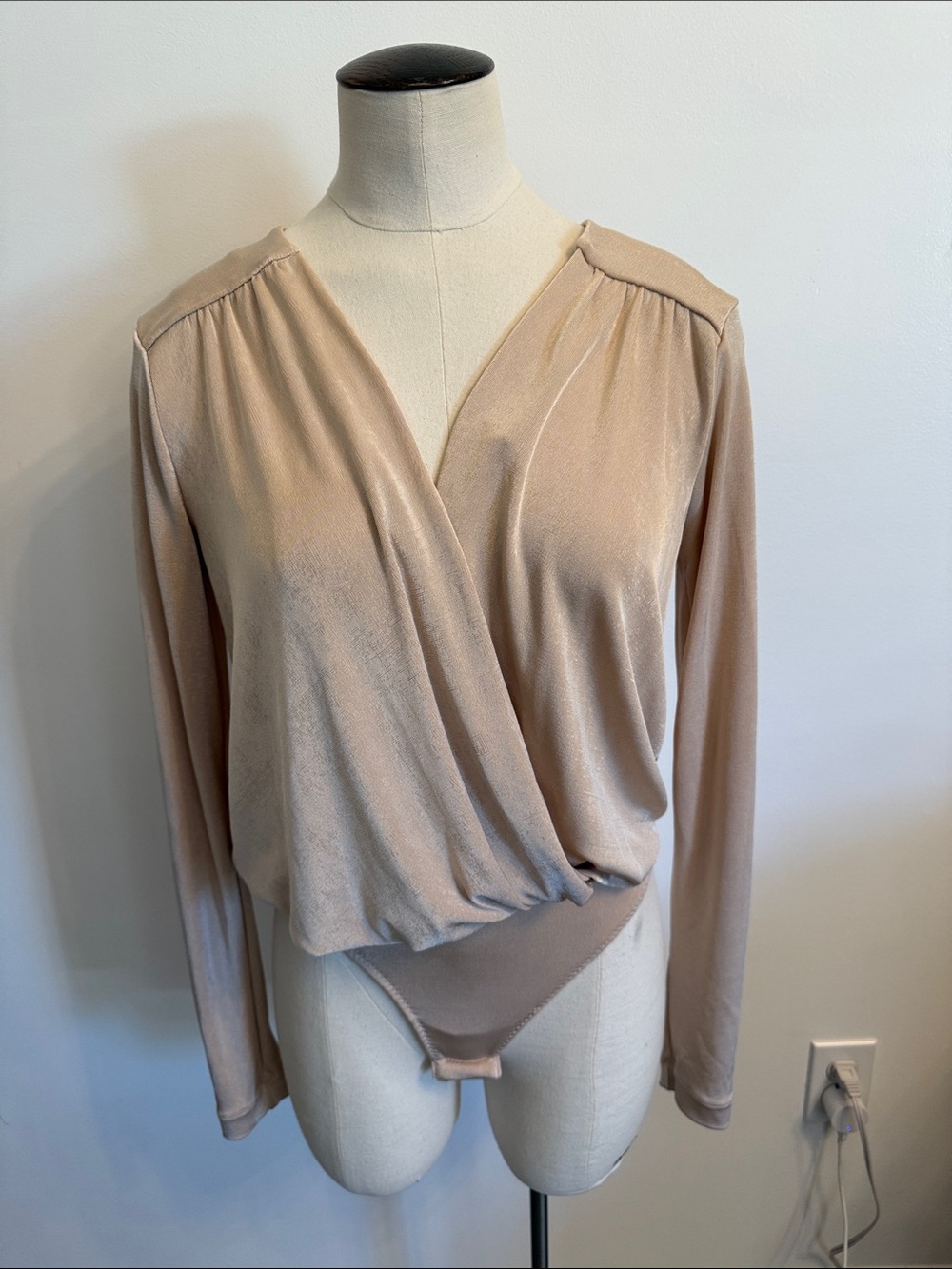 Free People Long Sleeve Wrap-Front Bodysuit in Beige